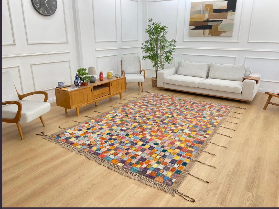 7x10 Unique Wool Kilim Rug – Multicolor Tribal Flatweave, Bohemian Carpet