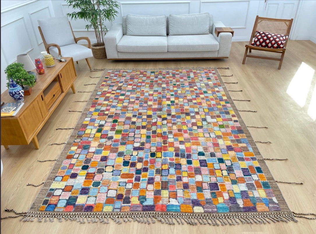 7x10 Unique Wool Kilim Rug – Multicolor Tribal Flatweave, Bohemian Carpet