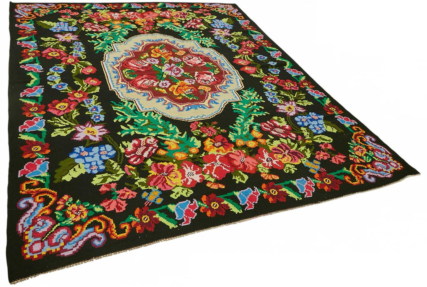 7x10 Black Vintage Moldovan Kilim Rug - 22188