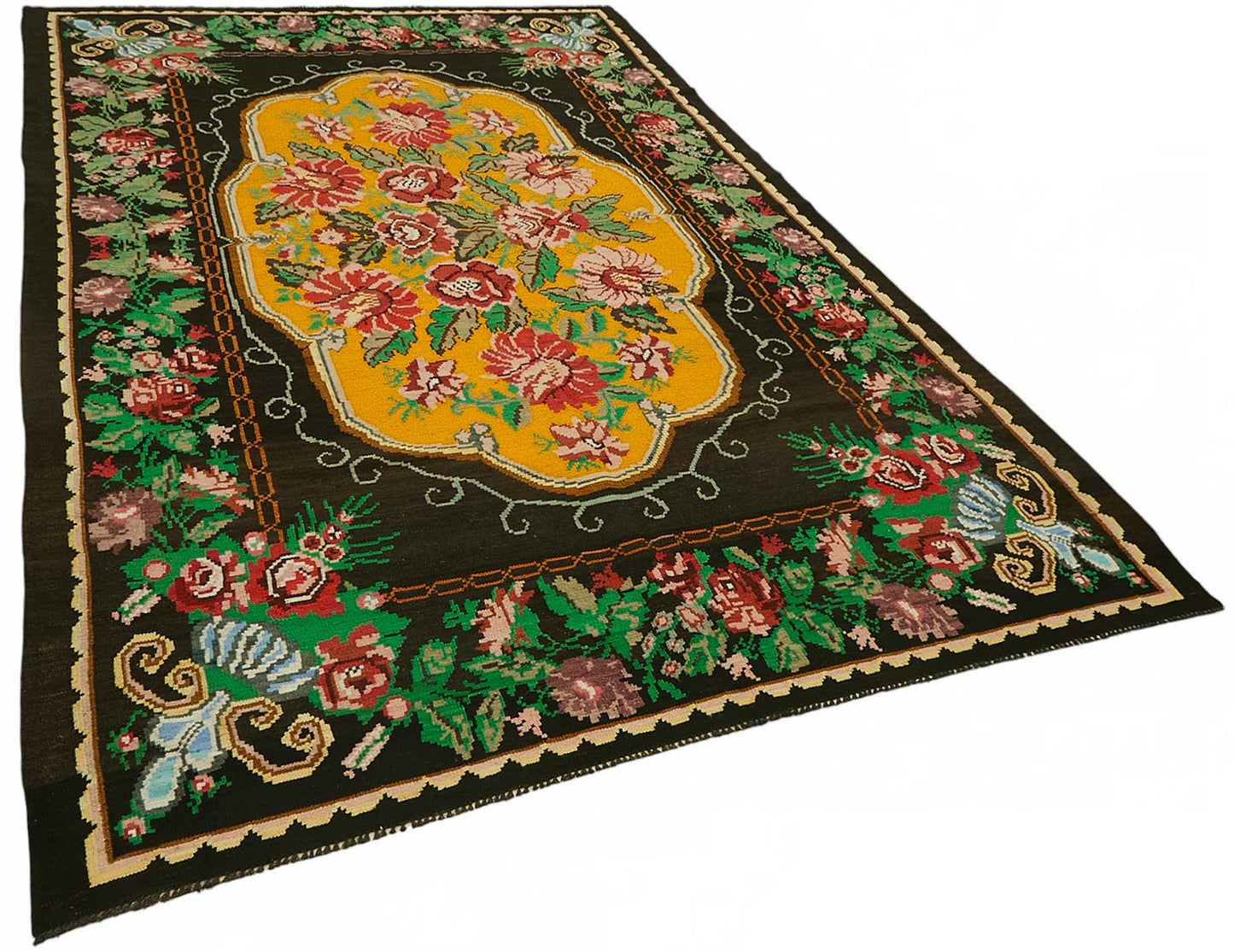 7x11 Black Vintage Moldovan Kilim Rug - 22223
