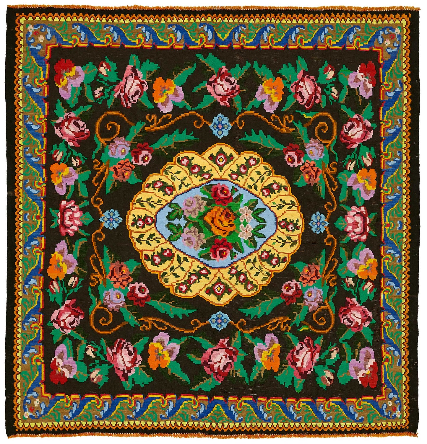 7x7 Black Vintage Moldovan Kilim Rug - 22233