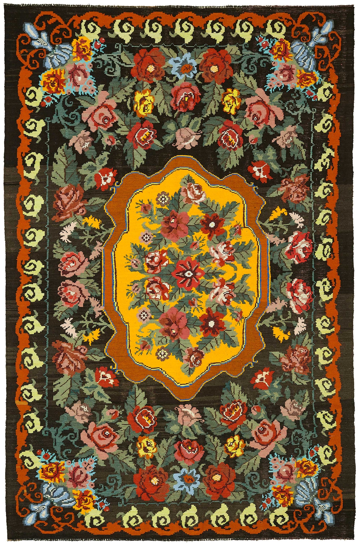 7x11 Black Vintage Moldovan Kilim Rug - 22234