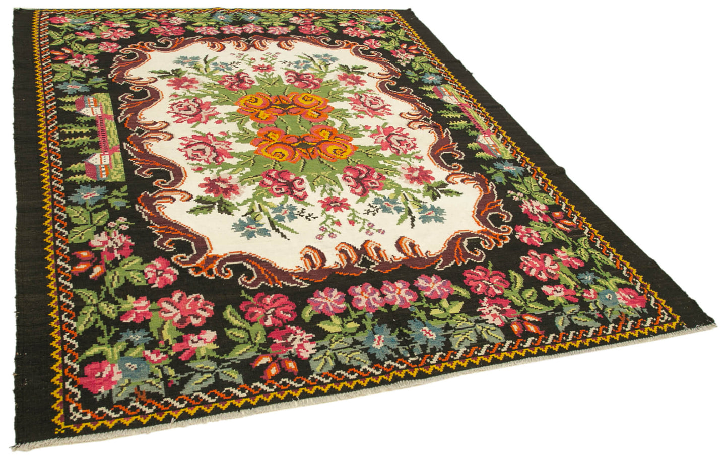 7x9 Black Vintage Moldovan Kilim Rug - 22237