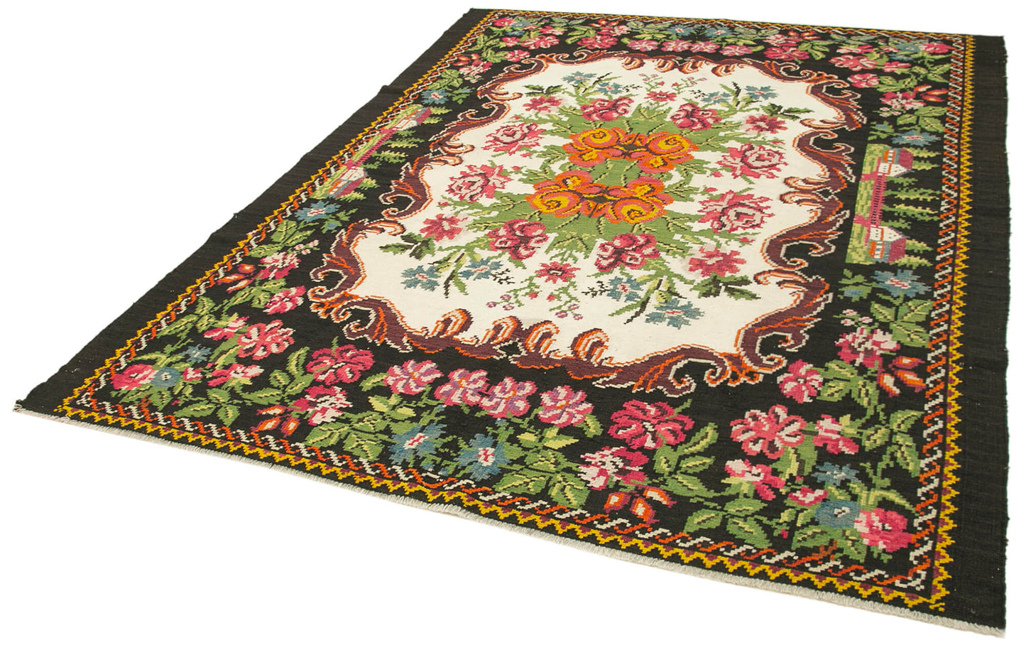 7x9 Black Vintage Moldovan Kilim Rug - 22237