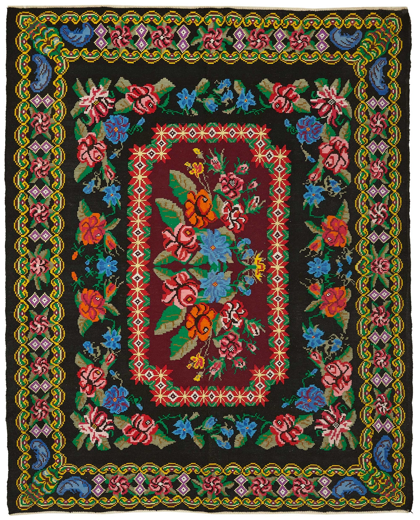 7x9 Black Vintage Moldovan Kilim Rug - 22248