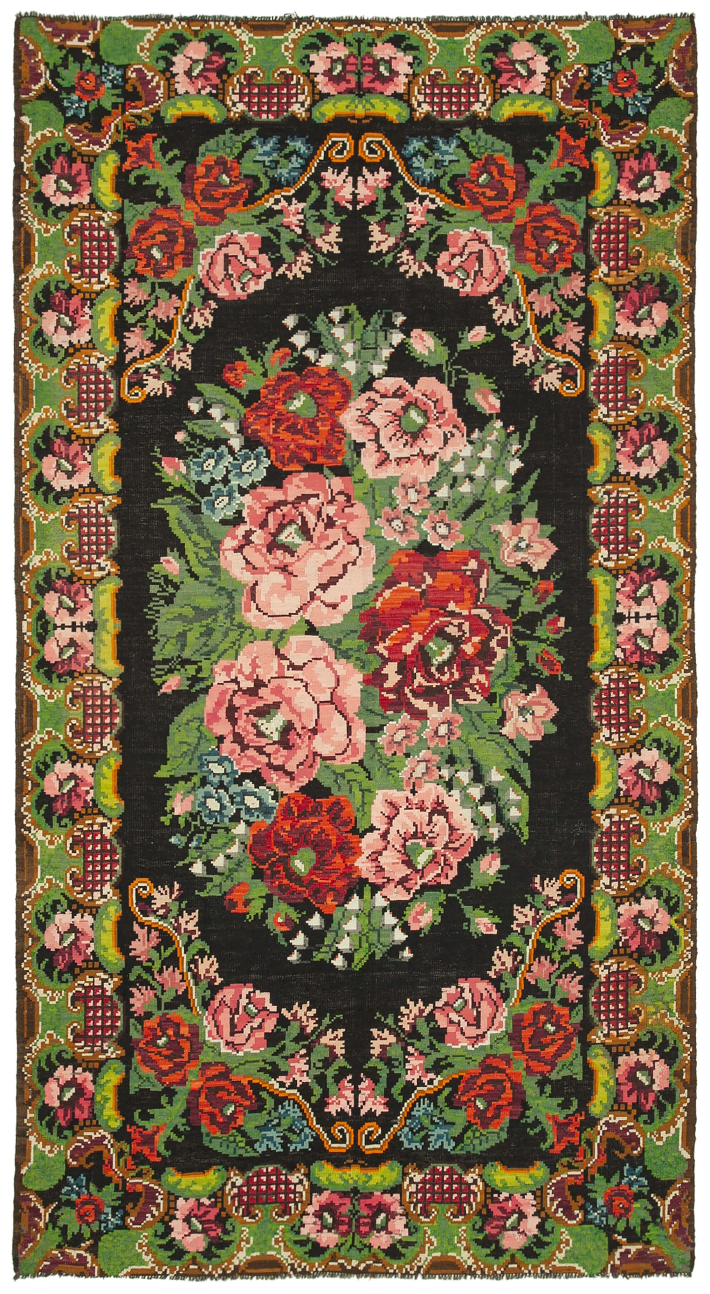7x13 Black Rose Kilim Runner Rug - 23259