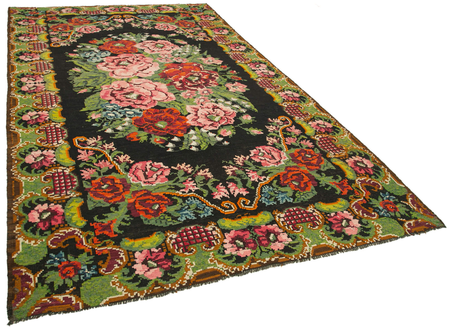 7x13 Black Rose Kilim Runner Rug - 23259