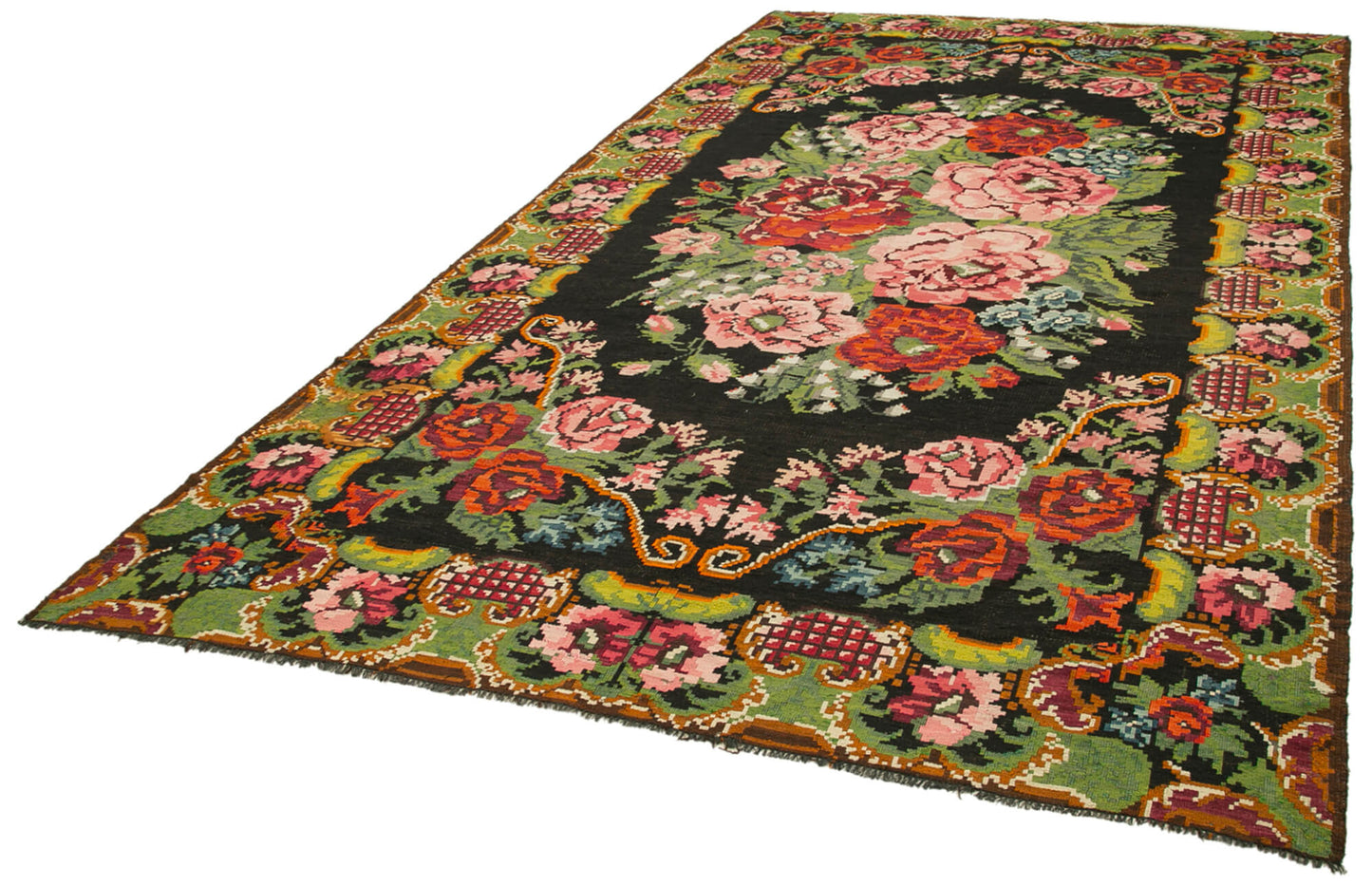 7x13 Black Rose Kilim Runner Rug - 23259