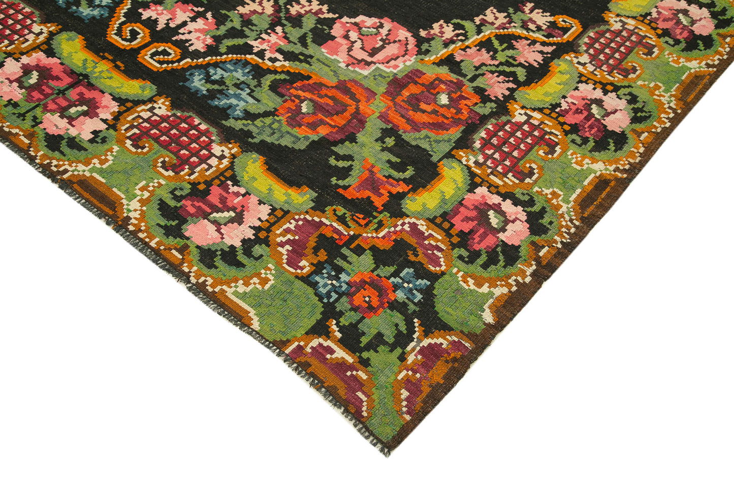 7x13 Black Rose Kilim Runner Rug - 23259