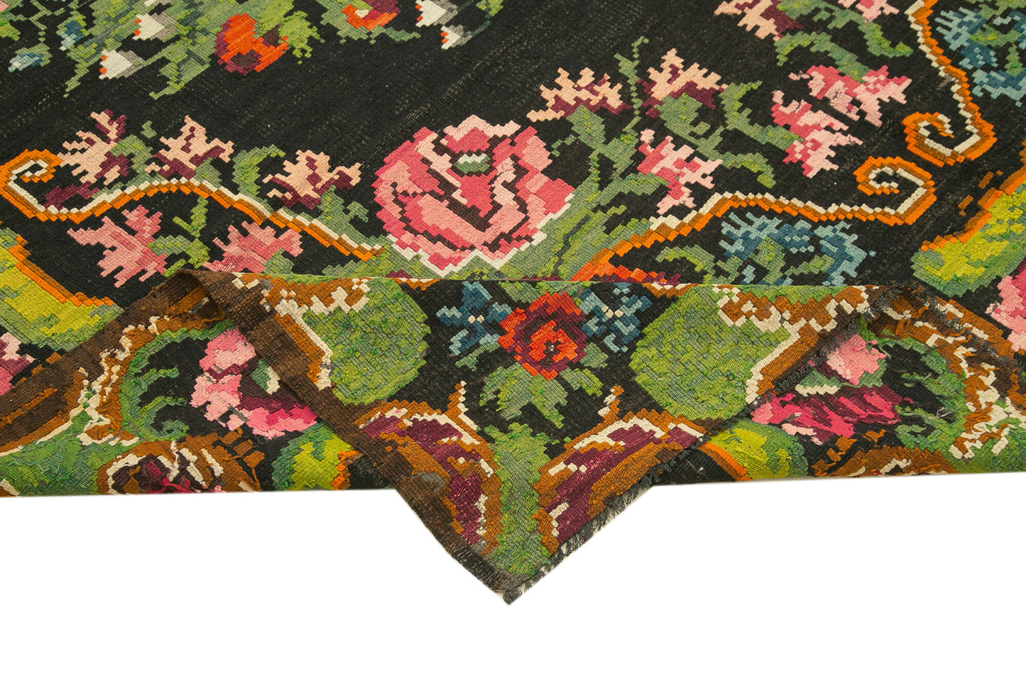 7x13 Black Rose Kilim Runner Rug - 23259