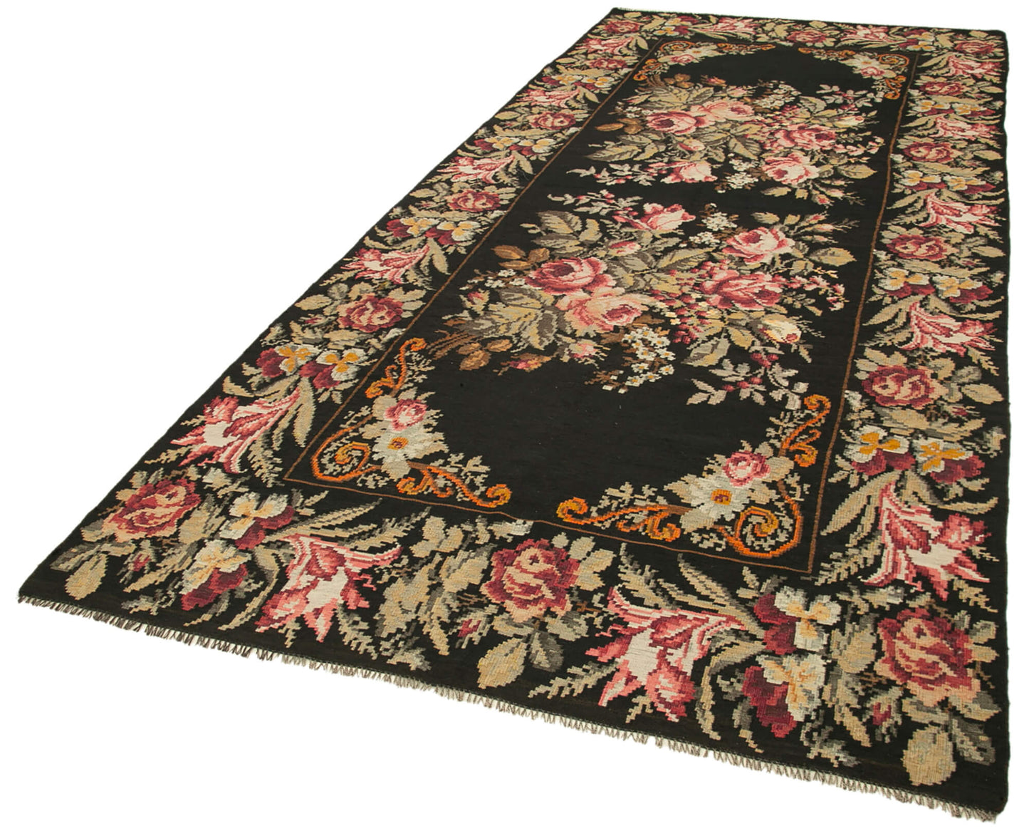 5x13 Black Rose Kilim Runner Rug - 23337