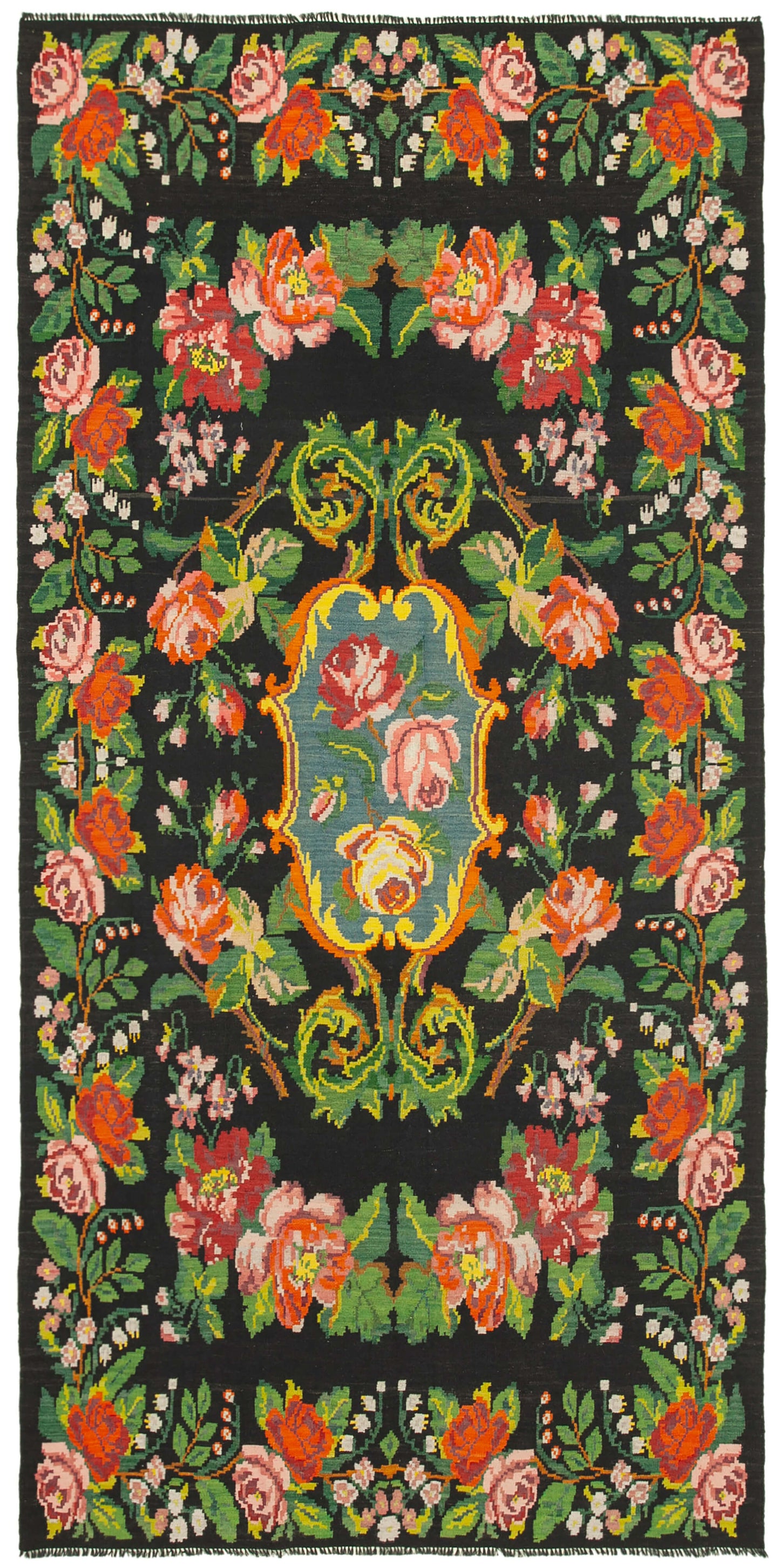 7x13 Black Rose Kilim Runner Rug - 23351