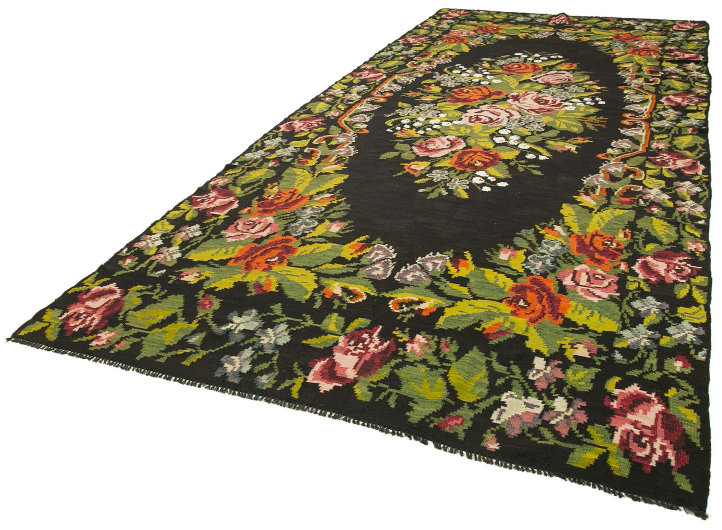 7x17 Black Rose Kilim Runner Rug - 23393