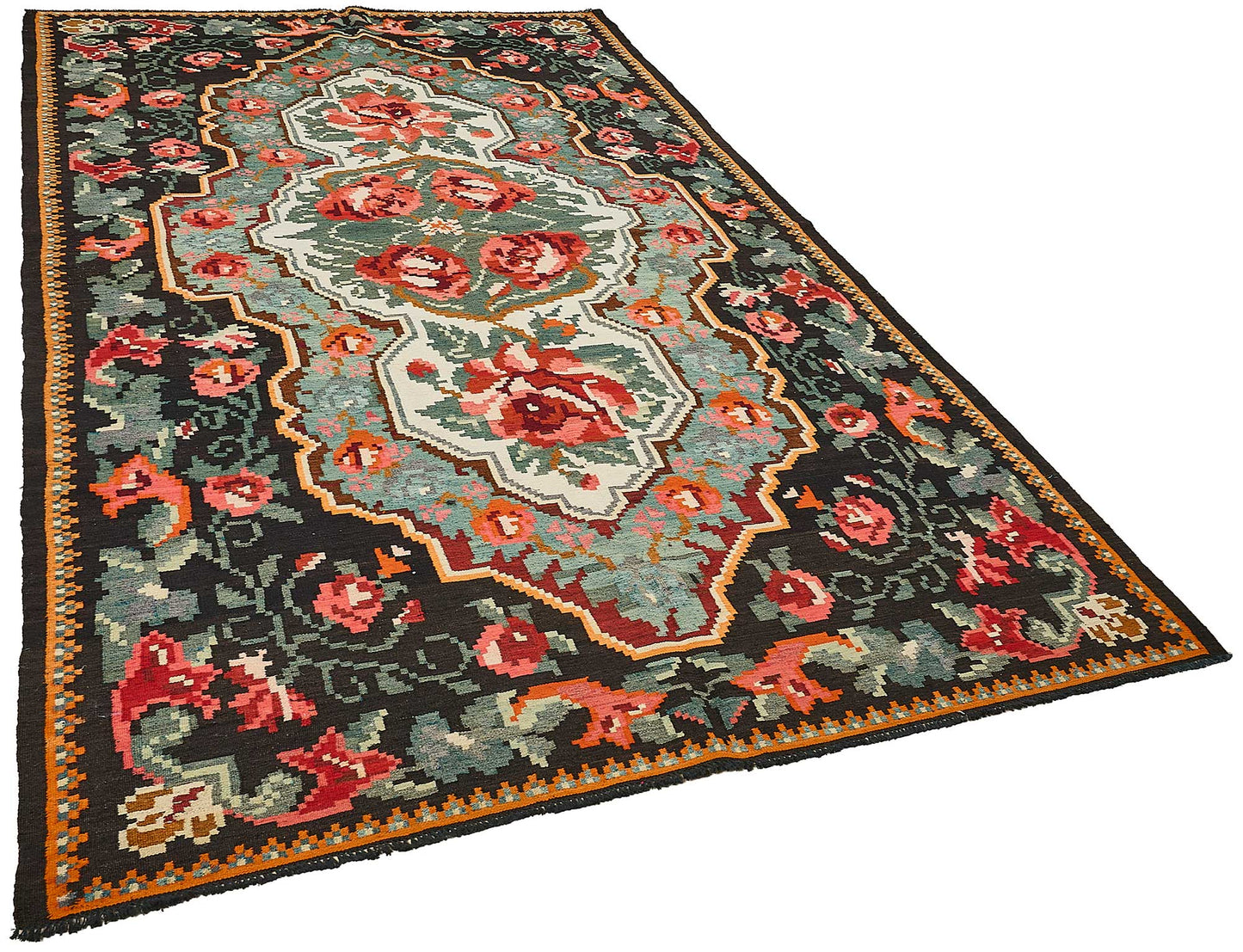7x11 Black Vintage Moldovan Kilim Rug - 51324