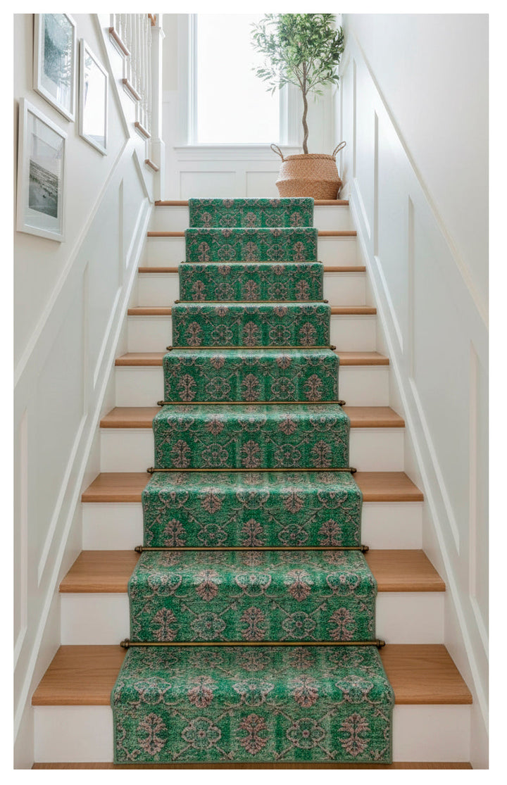 Authentic Turkish runner carpet adding color and texture to a modern staircase design