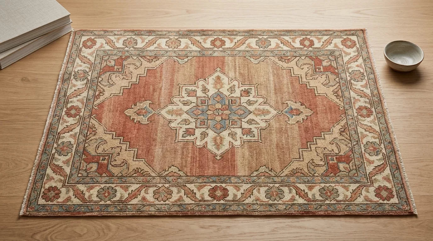 Close-up elevated view of a handmade rug showing natural abrash color variation in hand-dyed wool