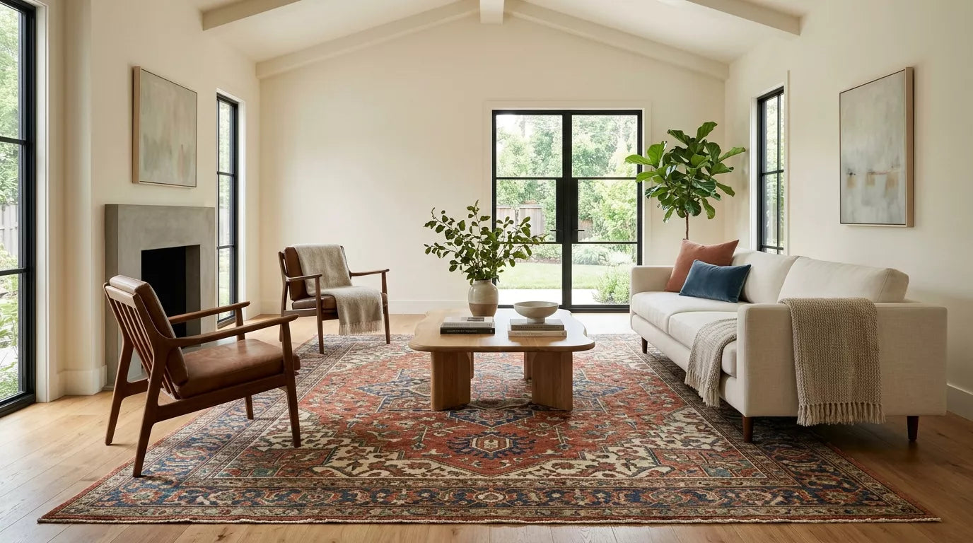 Antique vintage rug styled with clean-lined modern furniture in a warm editorial living room.