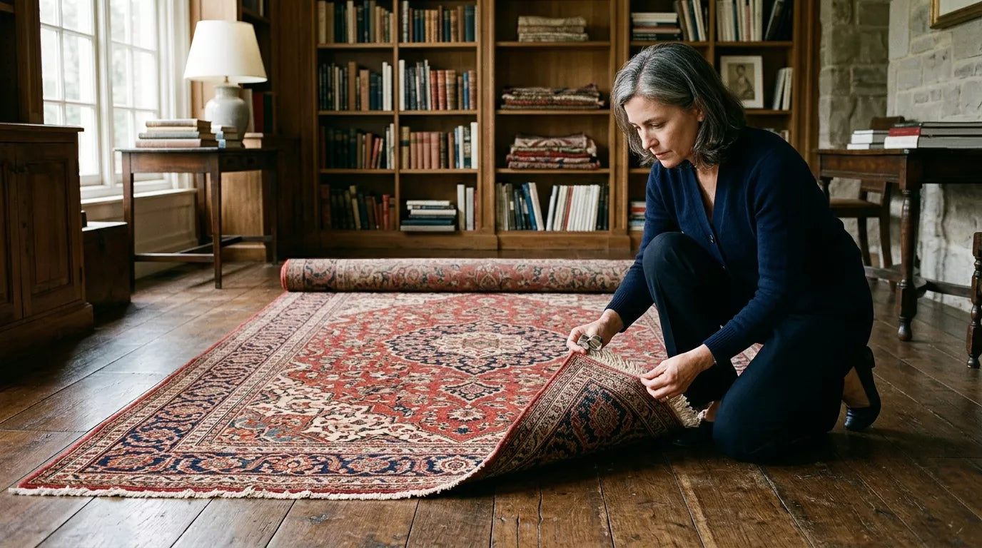 Authentic hand-knotted Persian rug being examined in a warm editorial interior, showing buyer confidence and craftsmanship details
