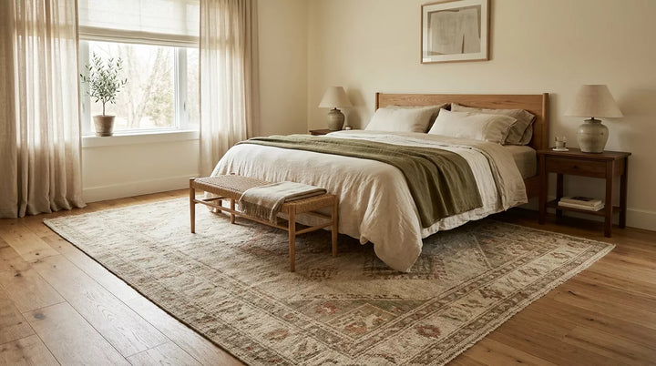 Handmade wool rug placed under a bed in a warm neutral bedroom with natural wood furniture