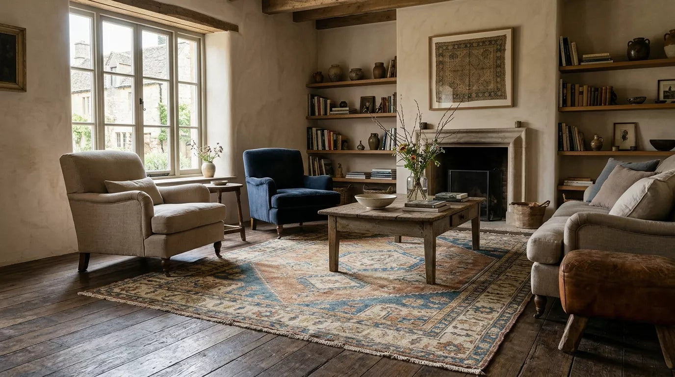 Vintage Turkish rug in a warm editorial living room with soft natural light and authentic handmade character