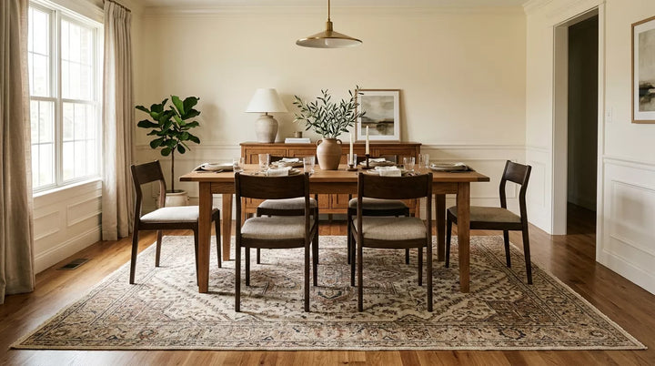 Dining room with a handmade rug placed under a wooden dining table, showing proper rug size and chair clearance.