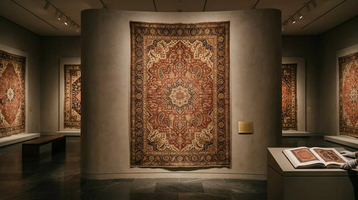 Museum-style gallery with historic handmade rugs and carpets for a famous rug masterpieces guide