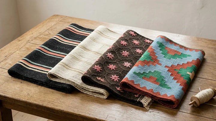 Four folded handwoven kilims on an oak table: a striped goat hair kilim, a natural hemp kilim, a dark cicim with raised pink stars and an Anatolian wool kilim with stepped patterns