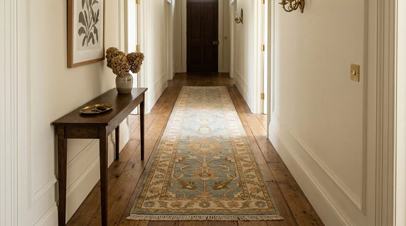 Vintage wool hallway runner in a narrow quiet-luxury entry hallway with balanced floor spacing on both sides