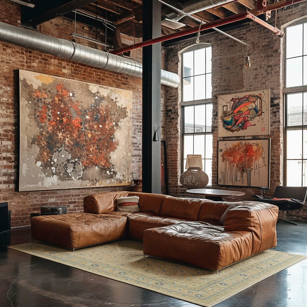 Hand-knotted wool Persian area rug with geometric tribal pattern anchoring a modern industrial loft living room with exposed brick and tan leather sectional sof