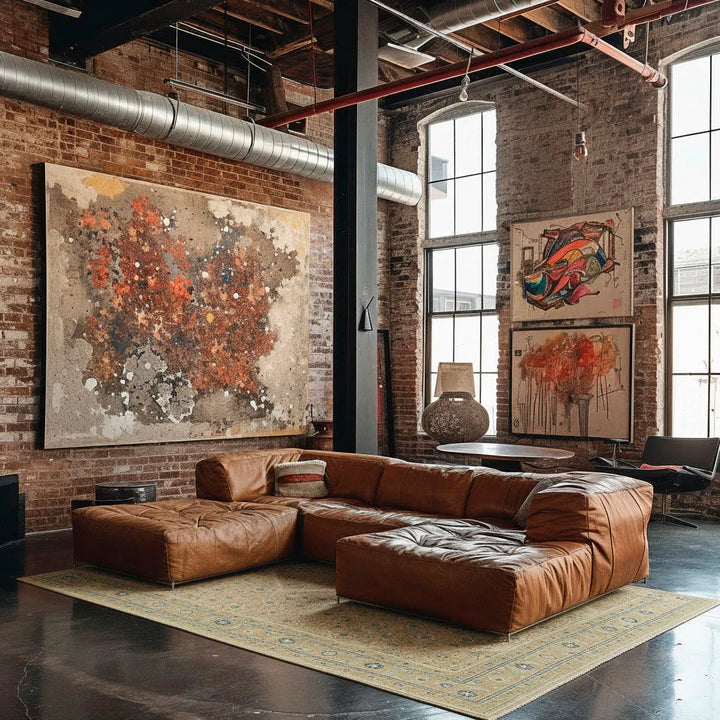 Hand-knotted wool Persian area rug with geometric tribal pattern anchoring a modern industrial loft living room with exposed brick and tan leather