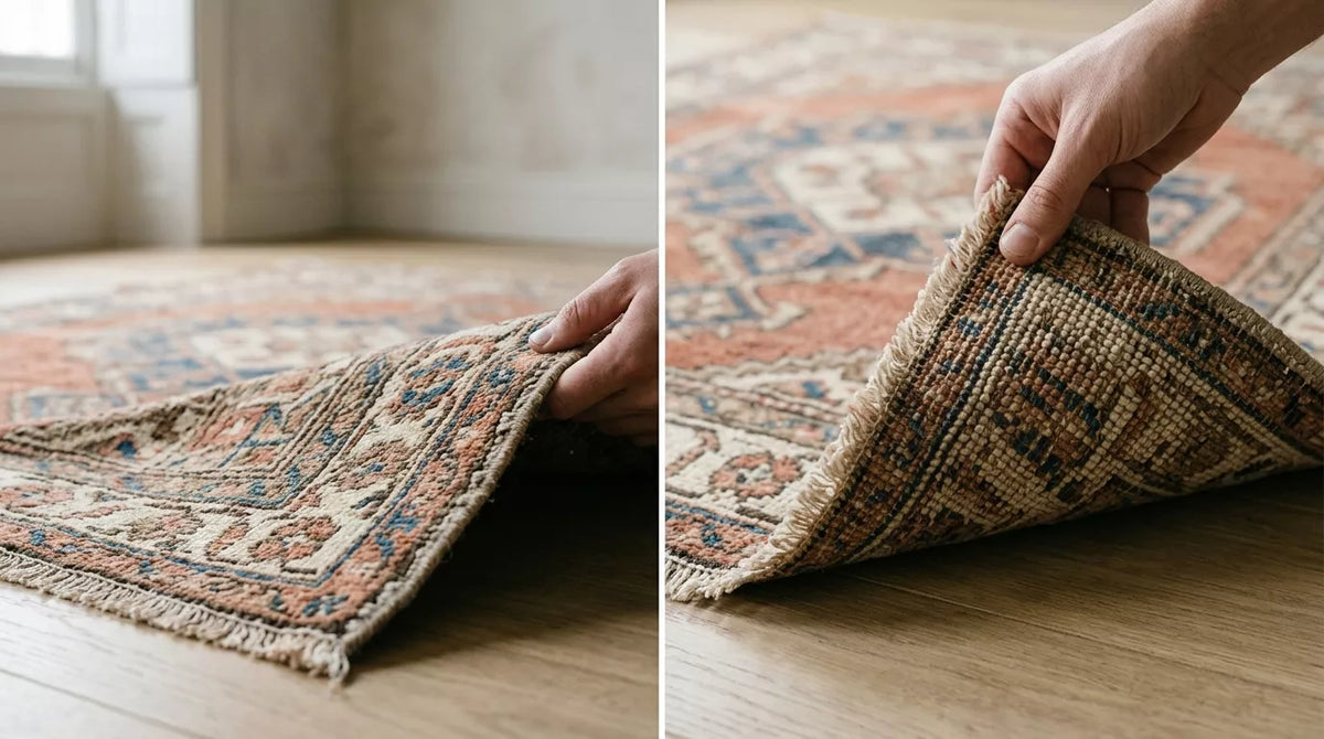 Folded corner of a hand-knotted vintage wool rug showing the front ...