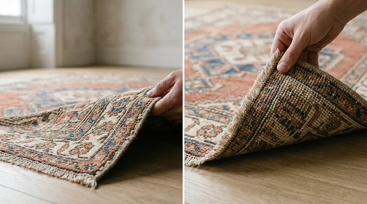 Folded corner of a hand-knotted vintage wool rug showing the front surface and underside for construction inspection.