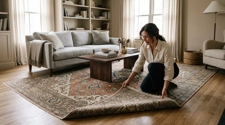 Woman lifting the corner of a hand-knotted wool rug in a warm neutral living room during a careful rug care check