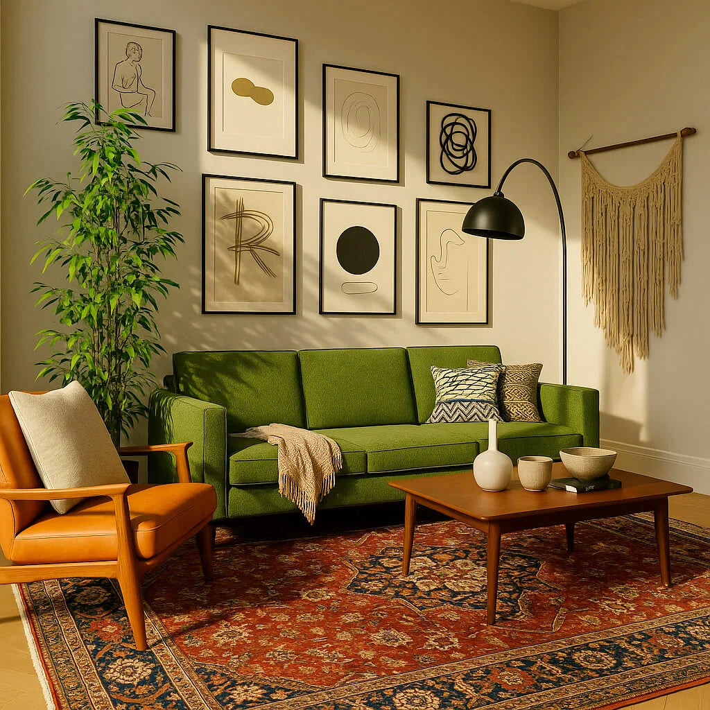Modern bohemian living room with a green mid-century sofa, cognac leather armchair, abstract wall art, and a traditional red and navy Anatolian rug on wooden flooring.