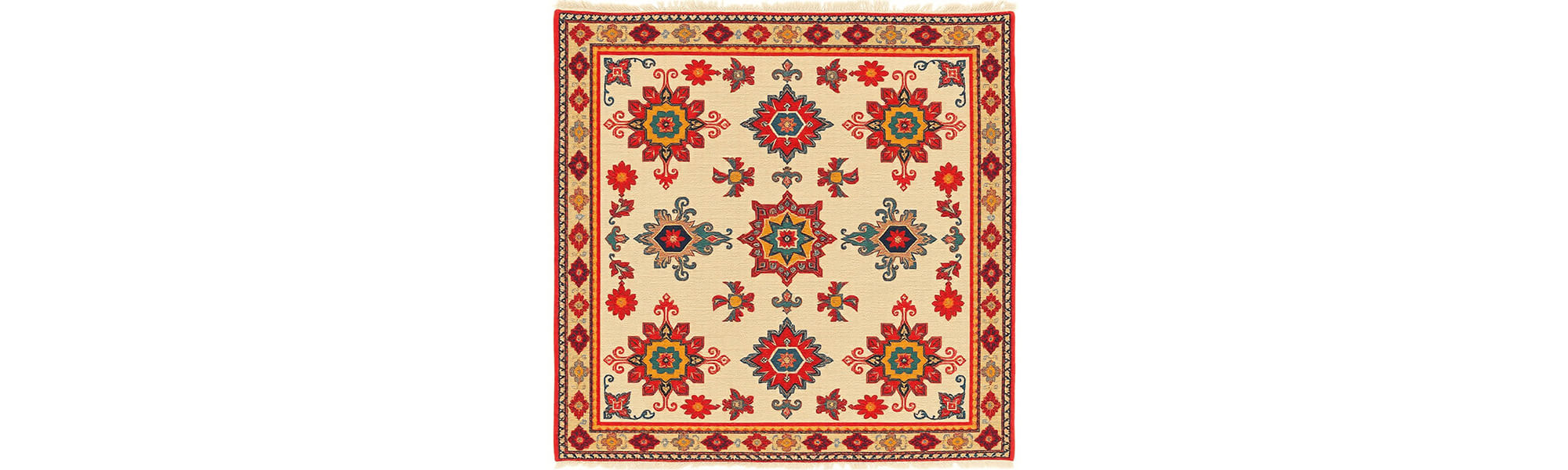 Hand-woven Turkish carpet with intricate geometric and floral patterns in rich natural colors on a neutral background.