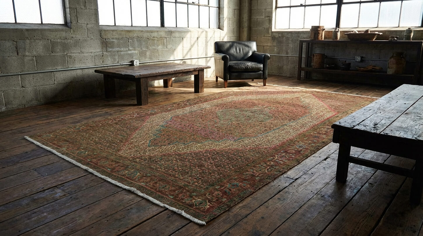 Handwoven vintage Turkish rug placed in an industrial-style living room, showcasing natural color variations and traditional craftsmanship