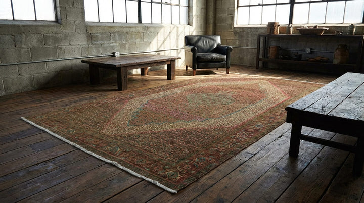 Handwoven vintage Turkish rug placed in an industrial-style living room, showcasing natural color variations and traditional craftsmanship