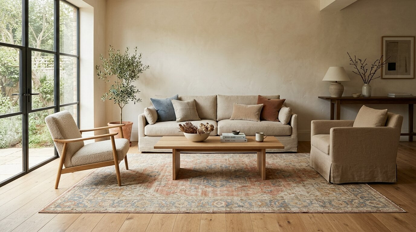 editorial living room styled around a muted handmade Oushak rug with warm oak floors, linen seating, and soft natural light