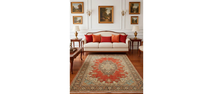 Luxury red and orange overdyed Persian rug anchoring a formal, classic living room with white sofa, wood furniture, and framed landscape paintings