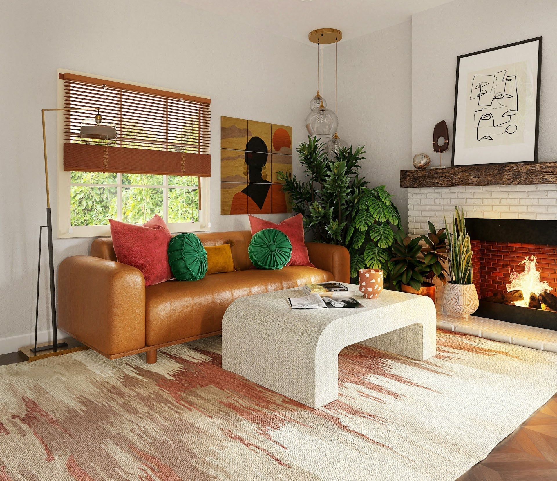 Abstract flatweave rug with orange, red, and cream tones anchoring a modern living room featuring a tan leather sofa, vibrant throw pillows, a minimalist coffee