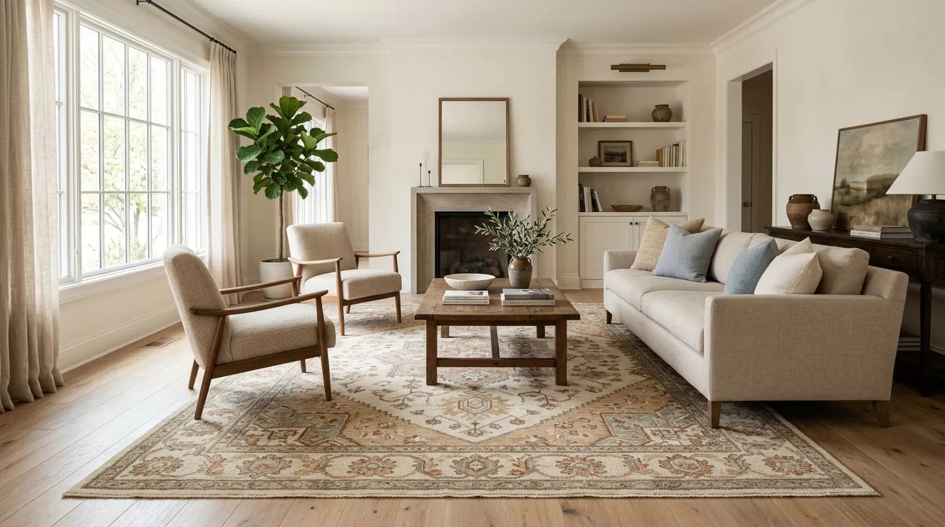 A calm modern living room with a vintage-style neutral Oushak rug in ivory, beige, greige, faded terracotta, dusty blue, and sage tones anchoring cream furniture and warm wood accents.