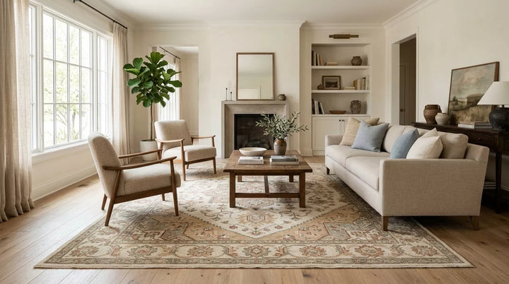 A calm modern living room with a vintage-style neutral Oushak rug in ivory, beige, greige, faded terracotta, dusty blue, and sage tones anchoring cream furniture and warm wood accents.