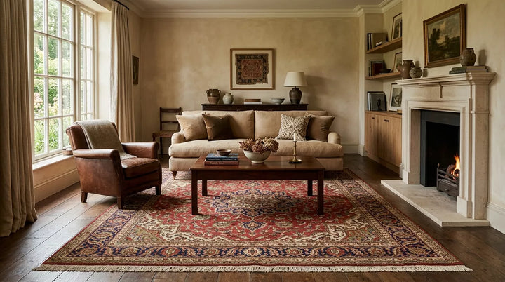 Handmade Oriental rug with traditional motifs in a quiet luxury living room interior