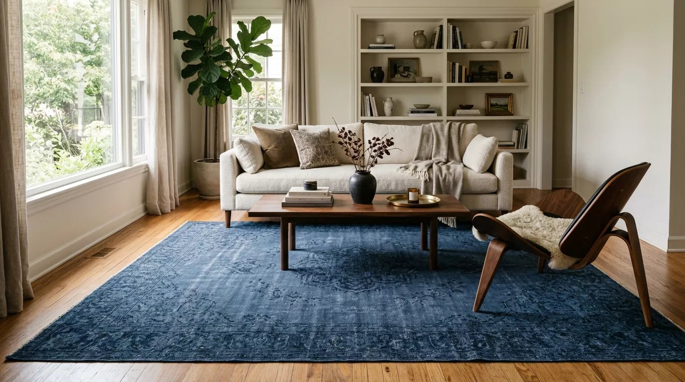 Vintage hand-knotted overdyed rug anchoring a refined modern living room with visible pattern depth