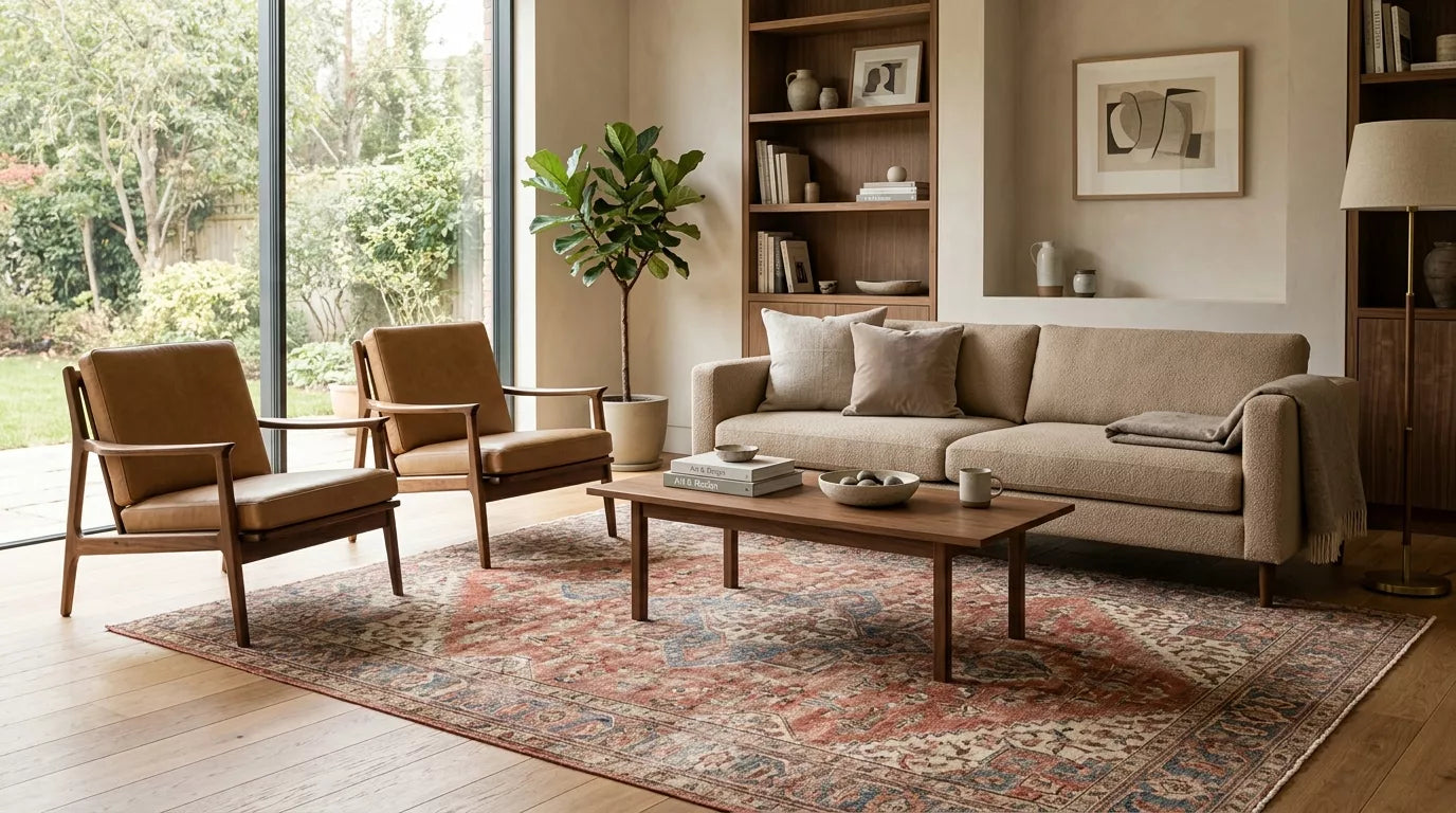 Handmade Persian rug styled in a modern living room with warm neutral furniture and natural daylight