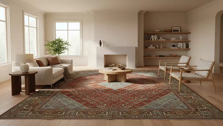 Antique Persian Joshagan rug styled in a refined neutral editorial living room for a Persian rug value guide