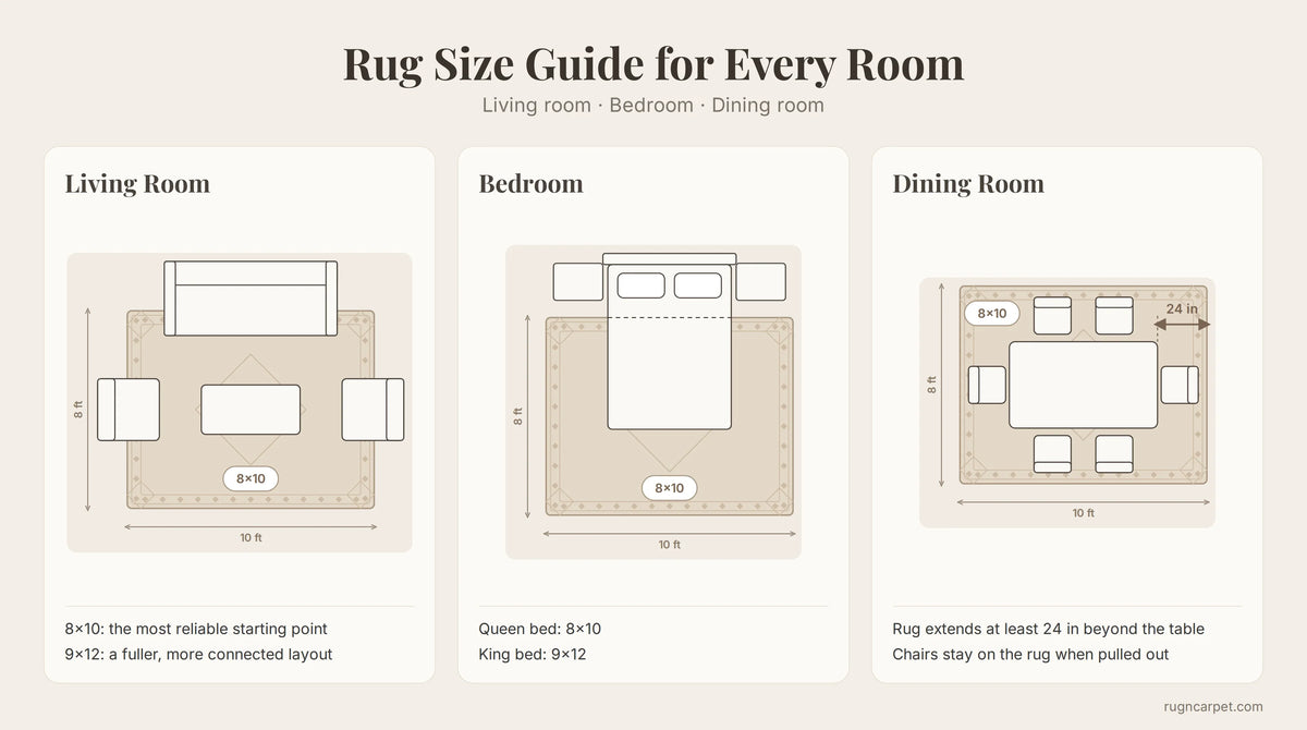 Rug size guide diagram showing an 8x10 rug with sofa front legs on in a living room, an 8x10 rug under a queen bed, and an 8x10 rug extending 24 inches beyond a six-seat dining table