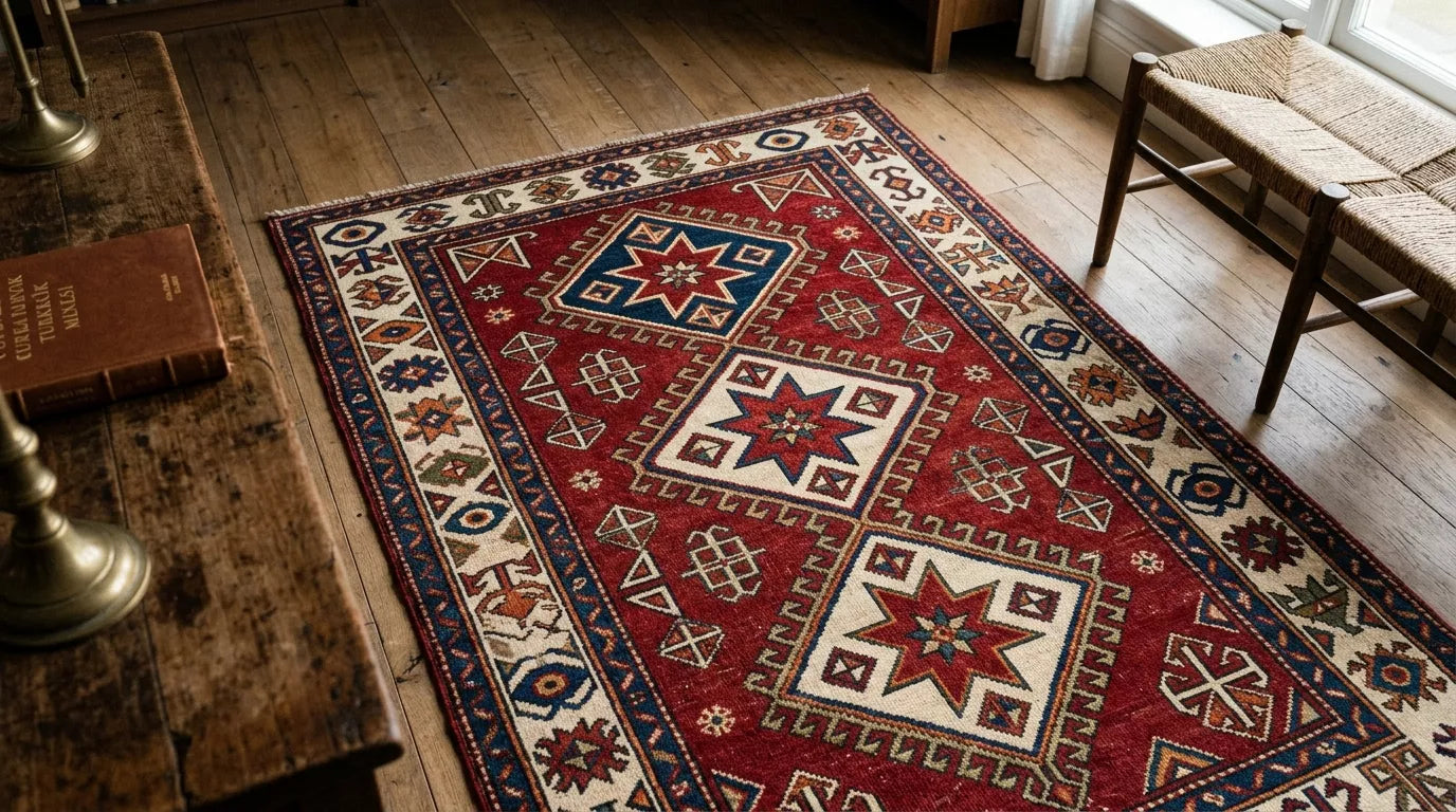 Handmade Turkish rug with traditional geometric motifs in a warm editorial interior
