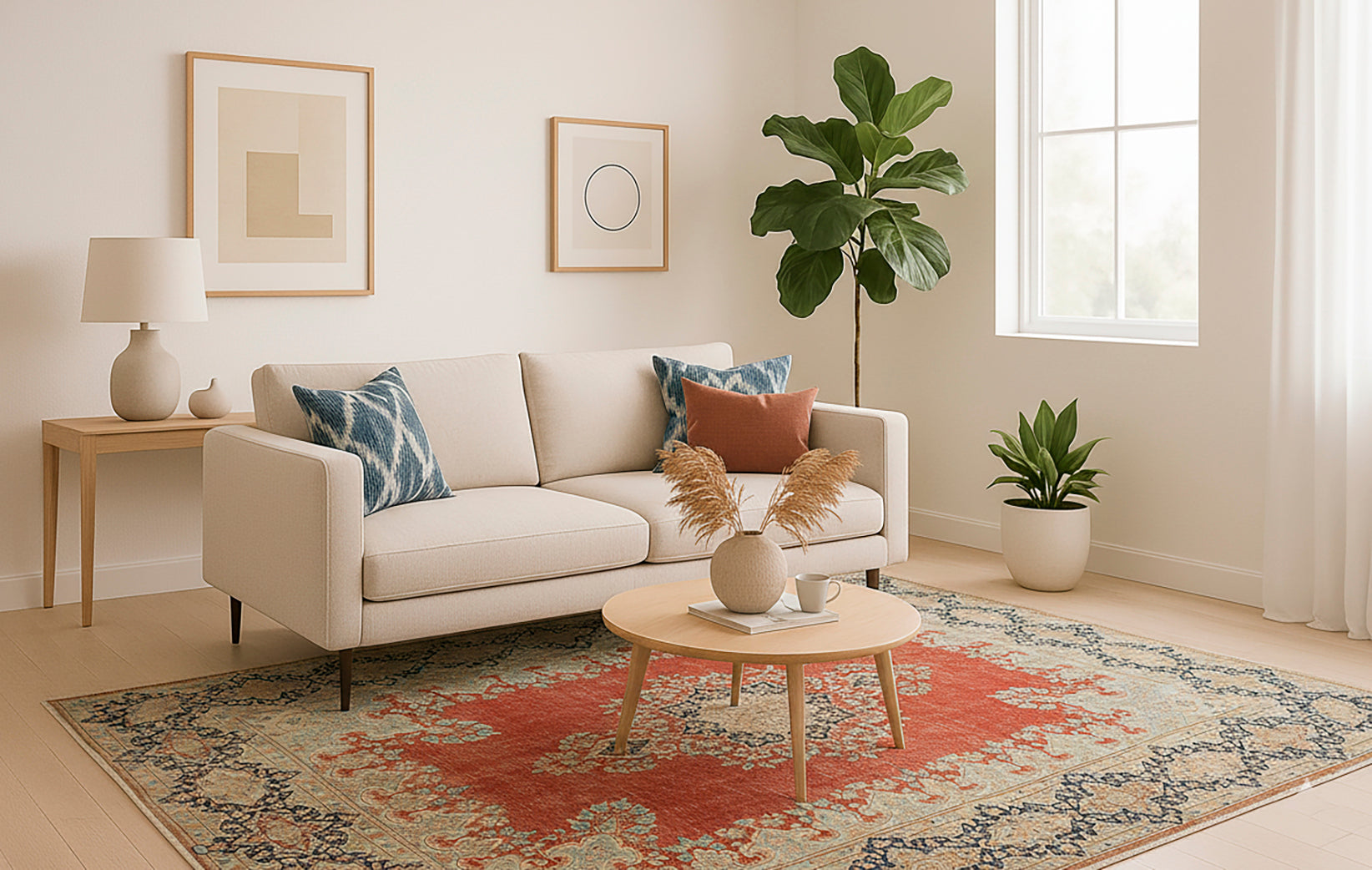 A traditional red and blue Oriental rug anchoring a bright, minimal living room with a neutral beige sofa and wood furniture