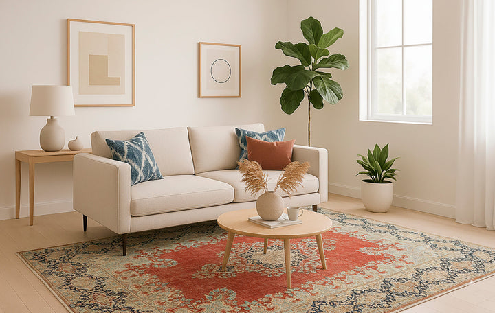 A traditional red and blue Oriental rug anchoring a bright, minimal living room with a neutral beige sofa and wood furniture